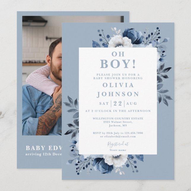 Oh Boy Dusty Blue Floral Photo QR Baby Shower Invitation (Front/Back)