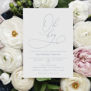 Oh Boy Dusty Blue Modern Baby Shower Invitation