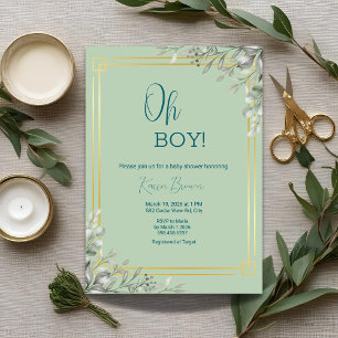 Oh Boy Elegant Greenery & Gold Baby Shower Invitation