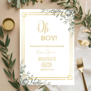 Oh Boy Elegant Greenery & Gold Baby Shower Invitation