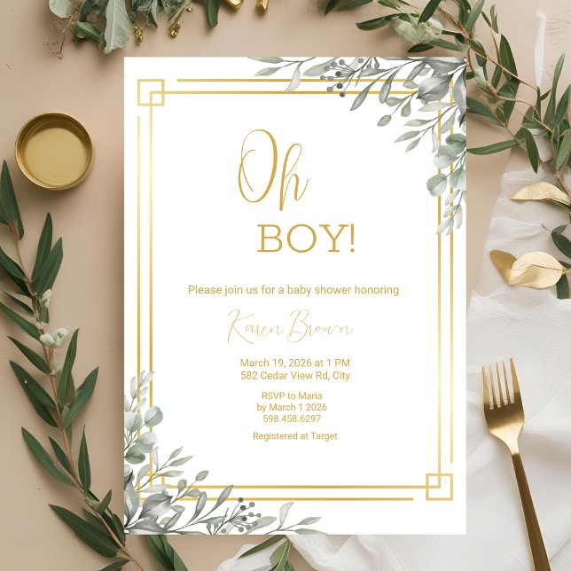 Oh Boy Elegant Greenery & Gold Baby Shower  Invitation (Creator Uploaded)