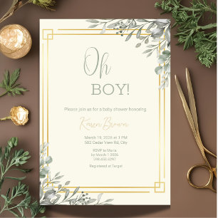 Oh Boy Elegant Greenery & Gold Baby Shower Invitation
