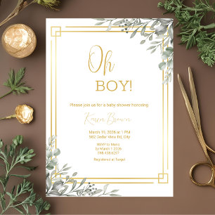 Oh Boy Elegant Greenery & Gold Baby Shower Invitation