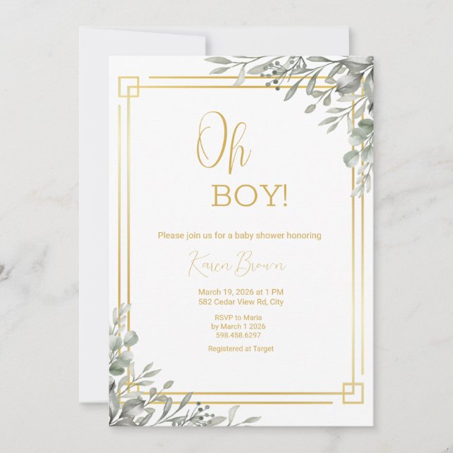 Oh Boy Elegant Greenery & Gold Baby Shower  Invitation (Front)