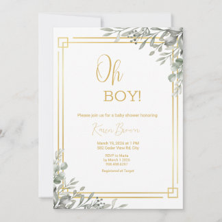 Oh Boy Elegant Greenery & Gold Baby Shower  Invitation