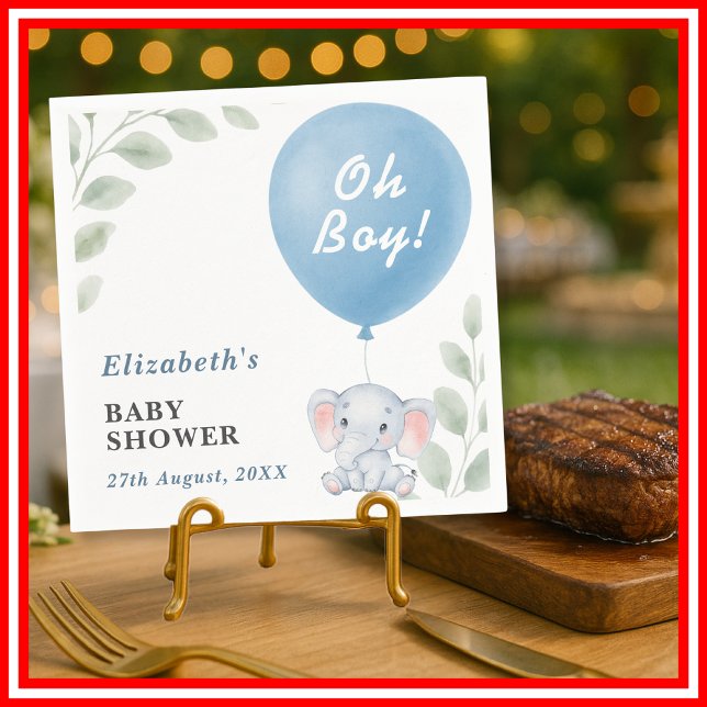 Oh Boy Elephant Balloon Eucalyptus Baby Shower Napkin (Creator Uploaded)