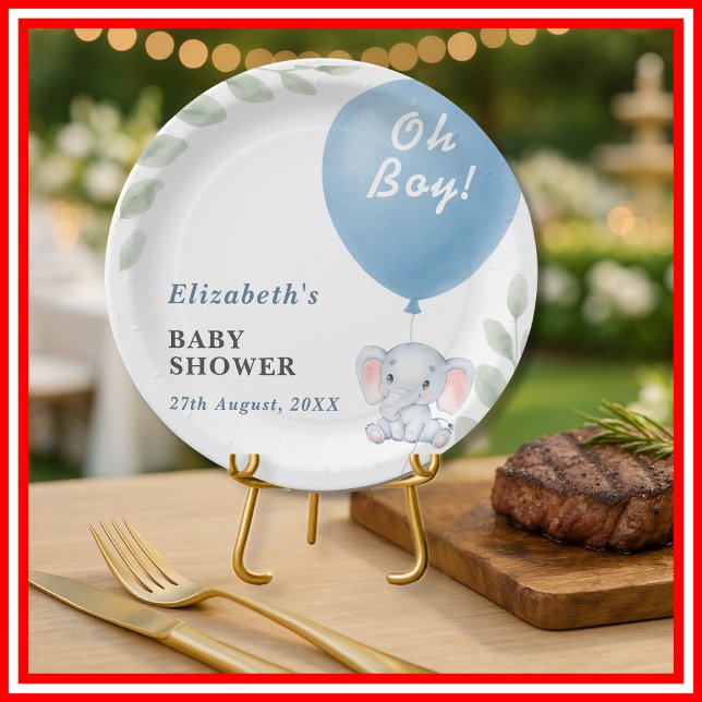 Oh Boy Elephant Balloon Eucalyptus Baby Shower Paper Plate (Creator Uploaded)