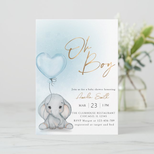 Oh Boy Elephant Blue Balloon boy Baby Shower Invitation (Standing Front)