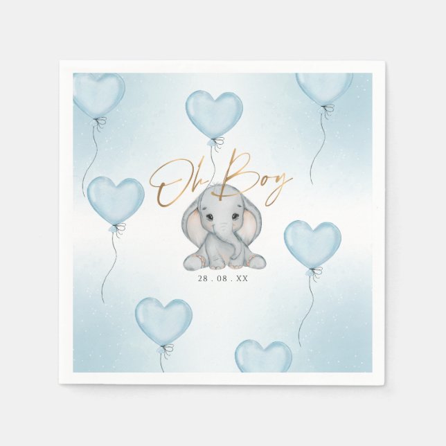 Oh Boy Elephant Blue Balloon boy Baby Shower Napkin (Front)