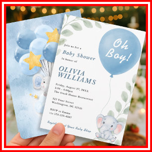Oh Boy Elephant Eucalyptus Balloon Baby Shower Invitation