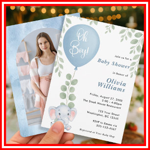 Oh Boy Elephant Eucalyptus Blue Balloon PHOTO Invitation
