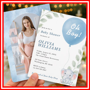 Oh Boy Elephant Eucalyptus Blue Balloon PHOTO Invitation