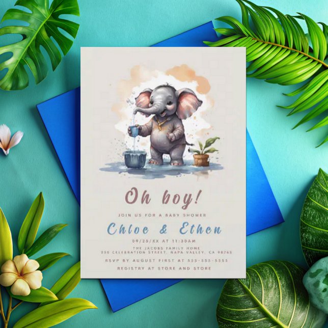 Oh Boy Elephant Rustic Gold Blue Baby Shower Invitation (Creator Uploaded)