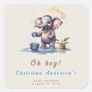 Oh Boy Elephant Rustic Gold Blue Baby Shower Square Sticker