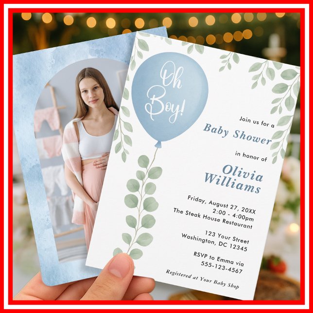 Oh Boy Eucalyptus Baby Shower Blue Balloon PHOTO Invitation (Creator Uploaded)