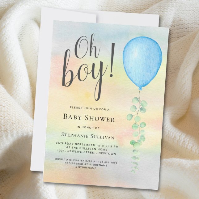 Oh Boy Eucalyptus Blue Balloon Baby Shower Invitat Invitation (Creator Uploaded)