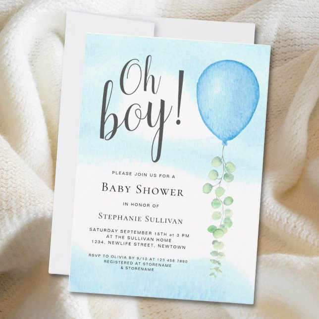 Oh Boy Eucalyptus Blue Balloon Baby Shower Invitation (Creator Uploaded)