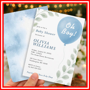 Oh Boy Eucalyptus Blue Balloon Baby Shower Invitation