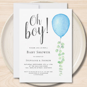 Oh Boy Eucalyptus Blue Balloon Couples Baby Shower Invitation
