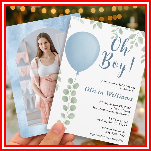 Oh Boy Eucalyptus Blue Balloon PHOTO Baby Shower Invitation (Creator Uploaded)