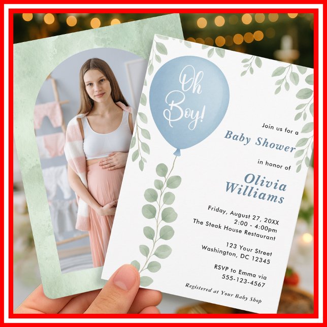 Oh Boy Eucalyptus Greenery PHOTO Baby Shower Invitation (Creator Uploaded)