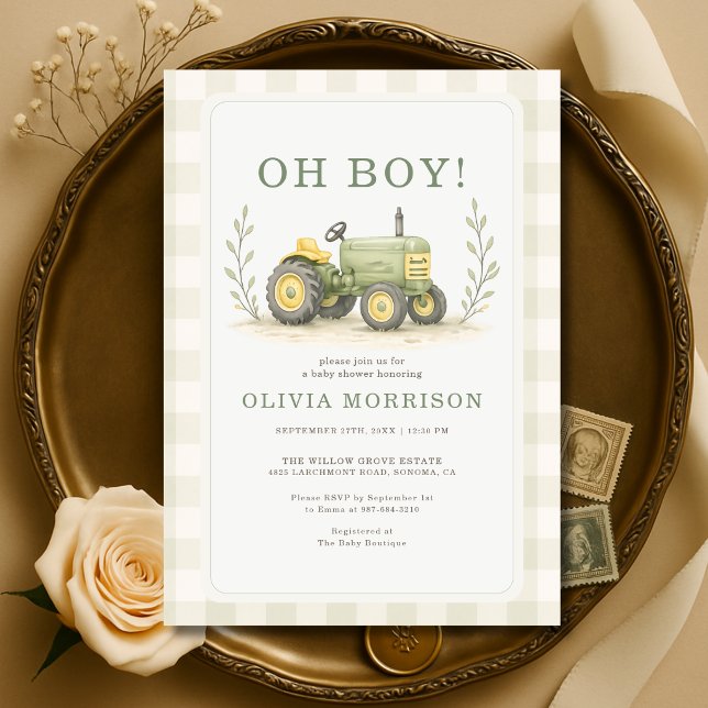 Oh Boy Farmer Tractor Gingham Baby Shower Invitation (Creator Uploaded)