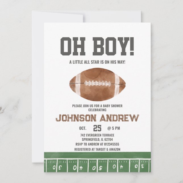 Oh Boy Football Boy Baby Shower Invitation (Front)