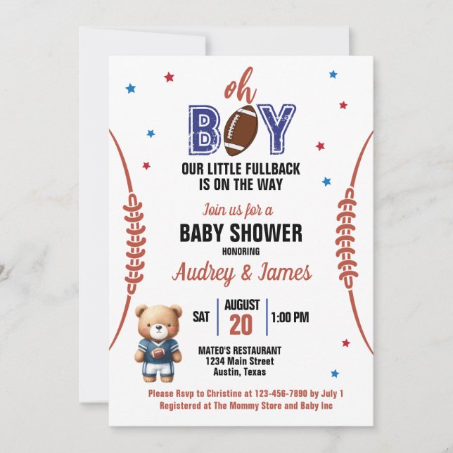 Oh Boy Football Theme Baby Shower Invitation (Front)