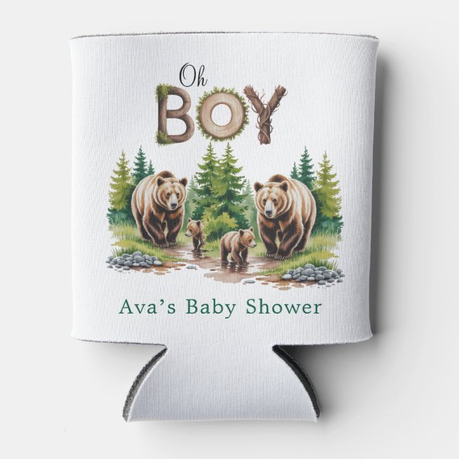 Oh Boy: Forest Wood Typography Bears Baby Shower Can Cooler (Front)
