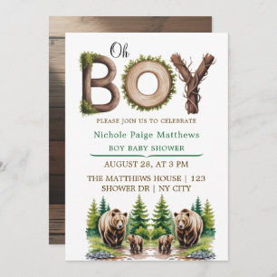 Oh Boy: Forest Wood Typography Bears Baby Shower Invitation