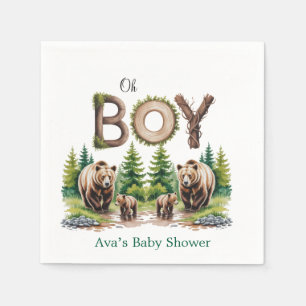 Oh Boy: Forest Wood Typography Bears Baby Shower Napkin