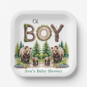 Oh Boy: Forest Wood Typography Bears Baby Shower Paper Plate