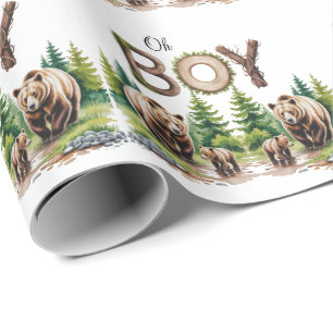 Oh Boy: Forest Wood Typography Bears Baby Shower Wrapping Paper