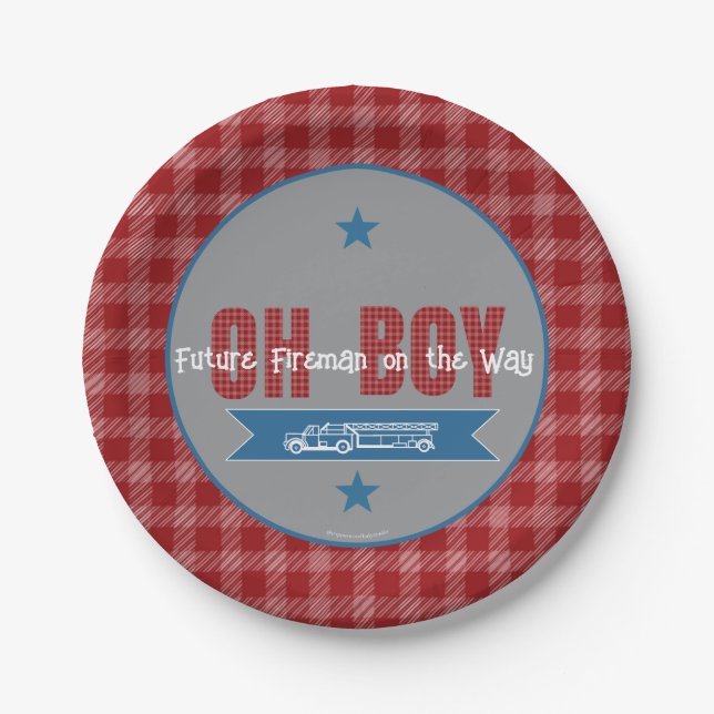 Oh Boy Future Fireman baby shower paper plate (Front)