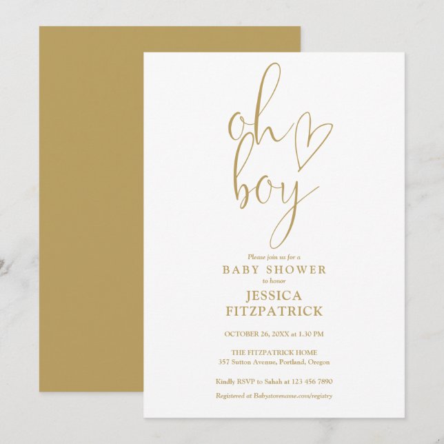 Oh Boy Gold Script Heart Boy Baby Shower Invitation (Front/Back)