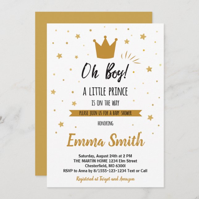 Oh Boy Gold Stars Golden Crow Baby Shower Invitation (Front/Back)