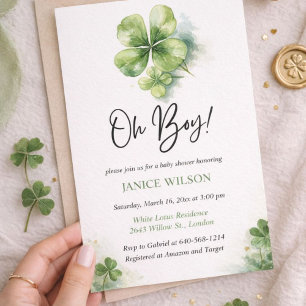 Oh Boy Green Shamrock St. Patricks Day Baby Shower Invitation