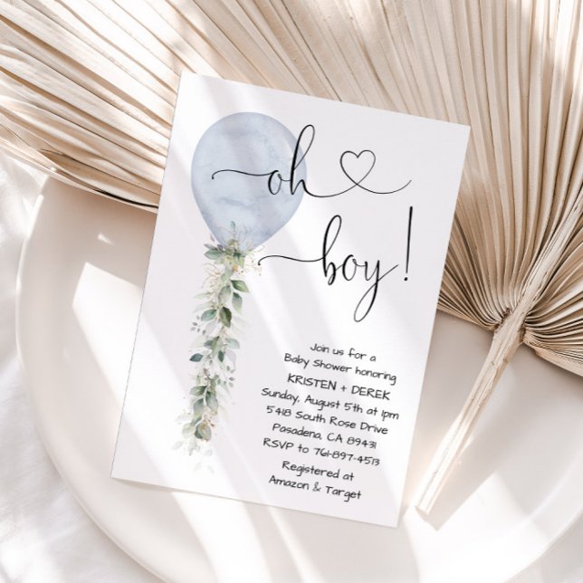 Oh Boy Greenery Balloon Baby Shower, Dusty Blue Invitation (Creator Uploaded)