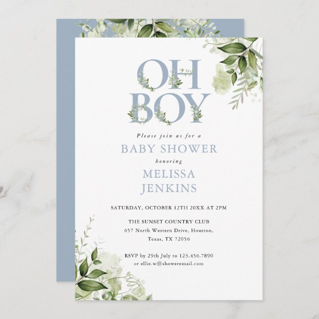 Oh Boy Greenery Dusty Blue All In One Baby Shower Invitation (Front/Back)