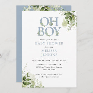 Oh Boy Greenery Dusty Blue All In One Baby Shower Invitation