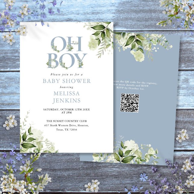 Oh Boy Greenery Dusty Blue QR Code Baby Shower Invitation (Oh Boy Greenery Dusty Blue QR Code Baby Shower Invitation)