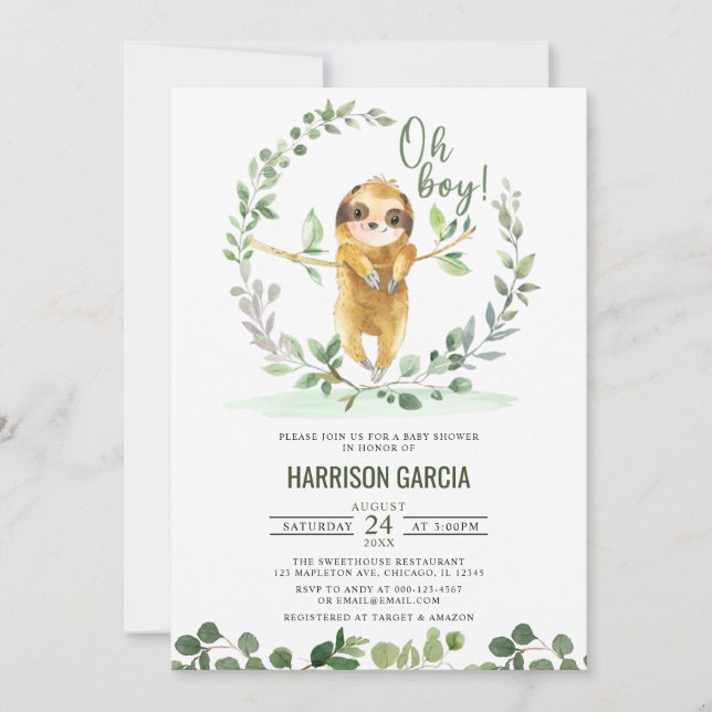 Oh Boy Greenery Floral Cute Sloth Baby Shower Invitation (Front)