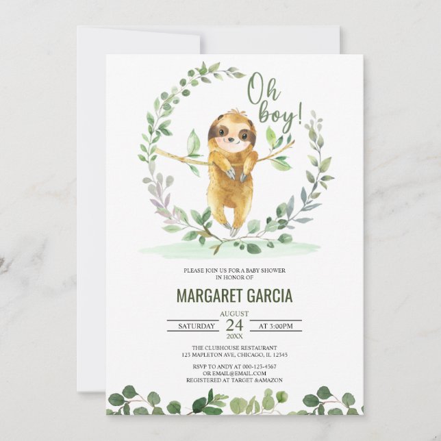 Oh Boy Greenery Floral Cute Sloth Baby Shower Invitation (Front)