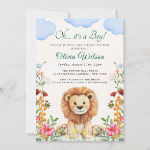 “Oh Boy!” Greenery Lion Baby Shower Invitation