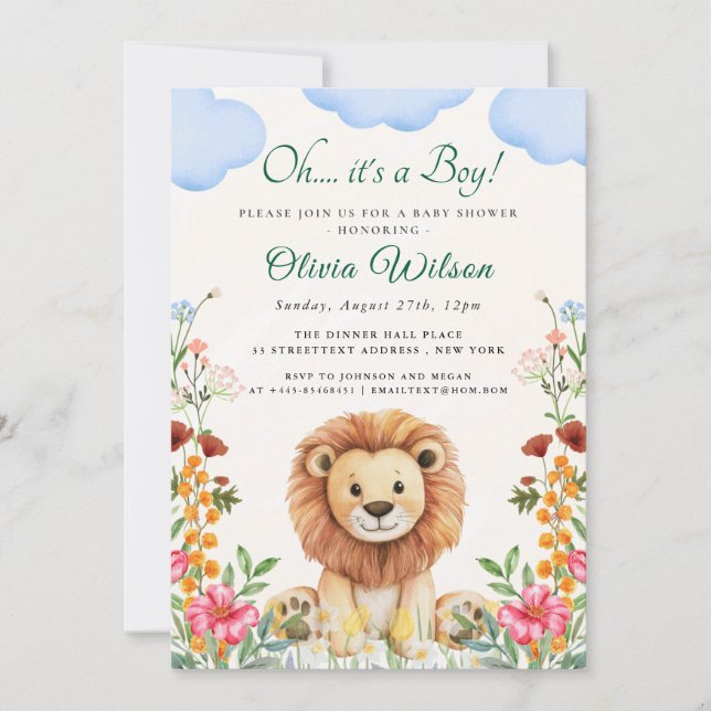 “Oh Boy!” Greenery Lion Baby Shower Invitation (Front)
