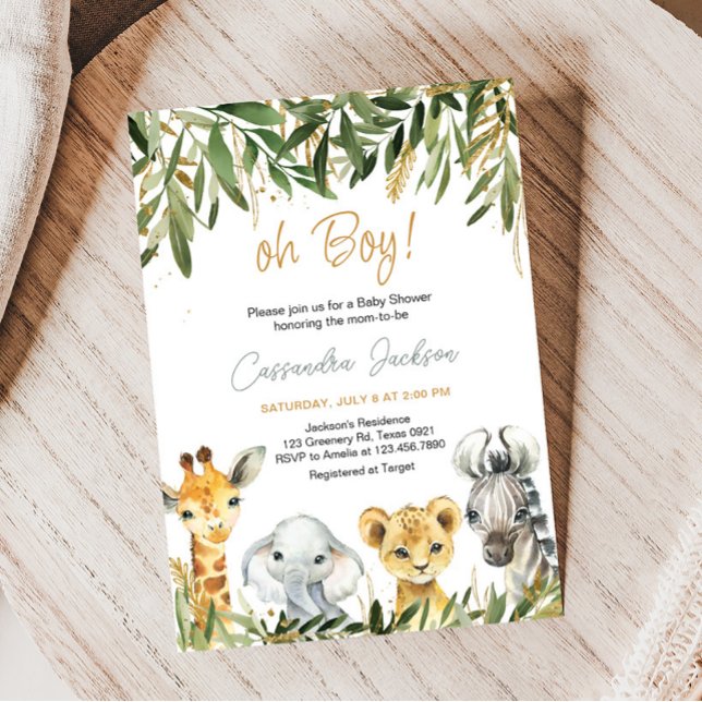 Oh Boy Greenery Safari Baby Shower Invitation (Safari Animals Baby Shower Invitation)