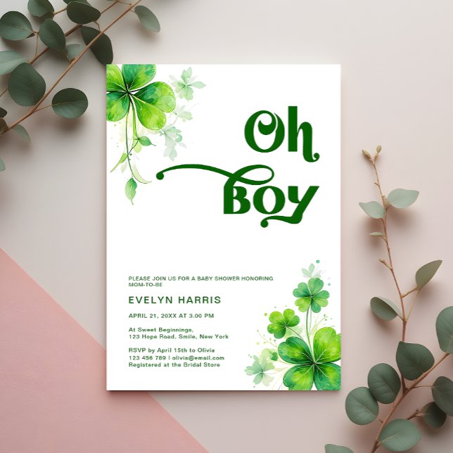 Oh Boy Greenery St. Patrick's Day Baby Shower Invitation (Creator Uploaded)