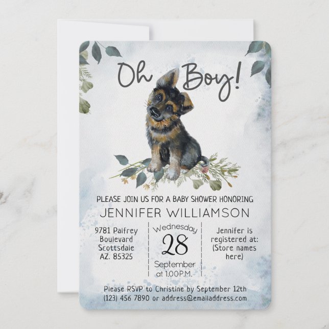 Oh Boy! GSD Puppy Modern Watercolor Baby Shower  Invitation (Front)