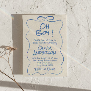 Oh Boy Hand Drawn Written Blue Boy Bow Baby Shower Invitation