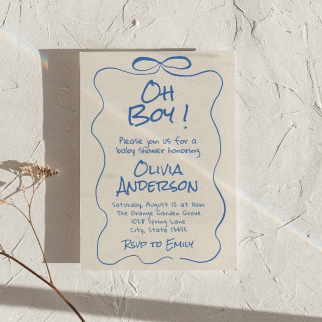 Oh Boy Hand Drawn Written Blue Boy Bow Baby Shower Invitation (Creator Uploaded)